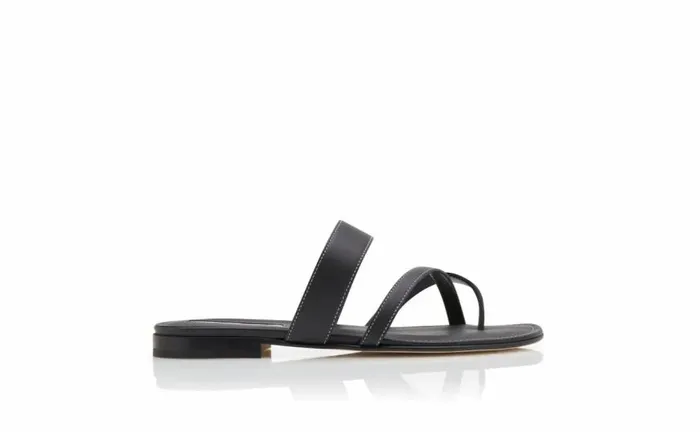 Women Black Calf Leather Crossover Flat Sandals Manolo Blahnik Flats