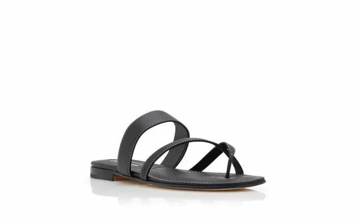 Women Black Calf Leather Crossover Flat Sandals Manolo Blahnik Flats