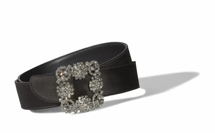 Women Black Satin Crystal Buckled Belt Manolo Blahnik Belts