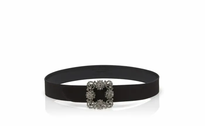 Women Black Satin Crystal Buckled Belt Manolo Blahnik Belts