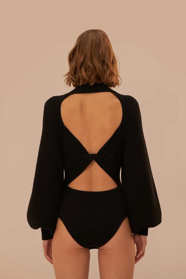 Women Bodysuits Farm Rio Black Knit Bodysuit