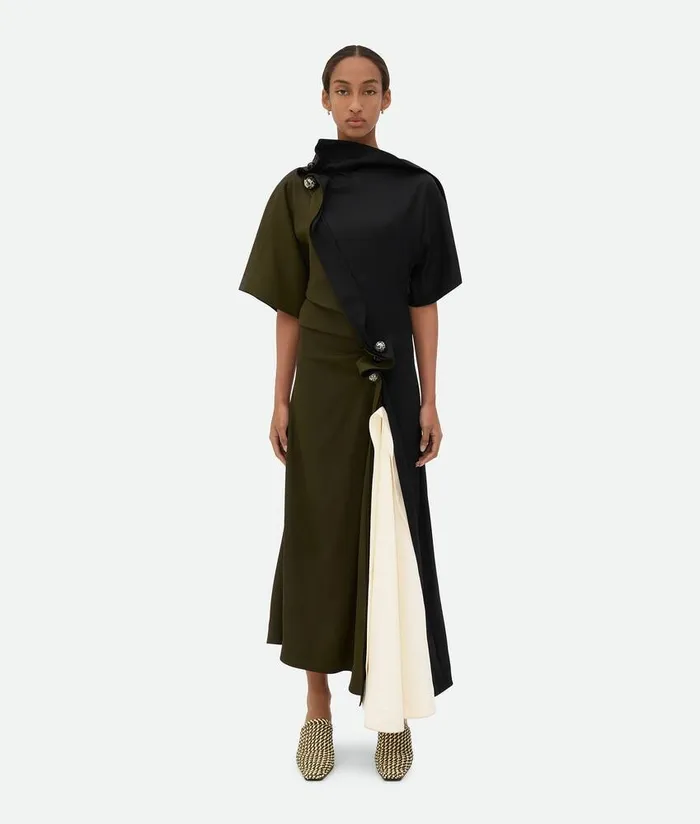 Women Bottega Veneta Dresses Fluid Viscose Piercing Dress Dark Oliveblackdove Women Bottega Veneta Dresses Fluid Viscose Piercing Dress Dark Oliveblackdove