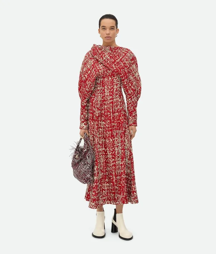 Women Bottega Veneta Dresses Textured Viscose Dress Redblackcream