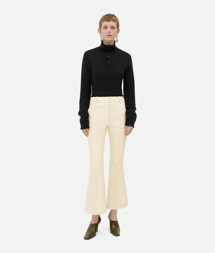 Women Bottega Veneta Leather Leather Cropped Flared Trousers Soap