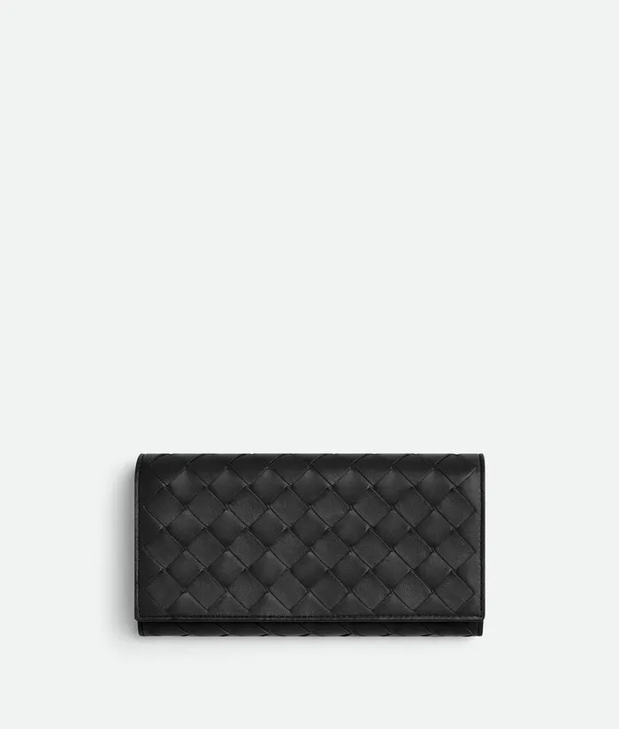 Women Bottega Veneta Long Wallets Intrecciato 15 Large Flap Wallet Black