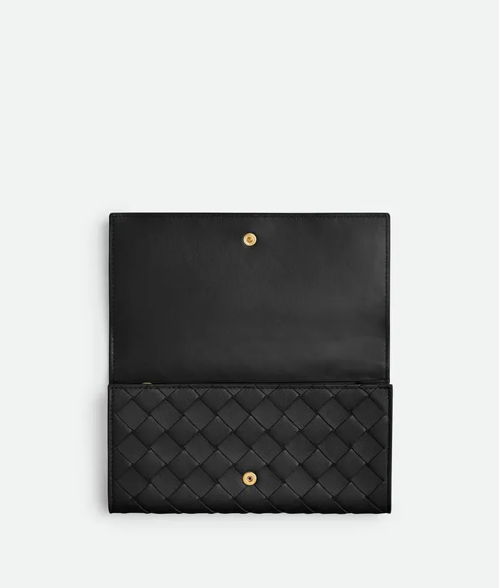 Women Bottega Veneta Long Wallets Intrecciato 15 Large Flap Wallet Black