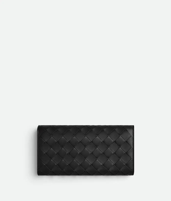 Women Bottega Veneta Long Wallets Intrecciato 15 Large Flap Wallet Black
