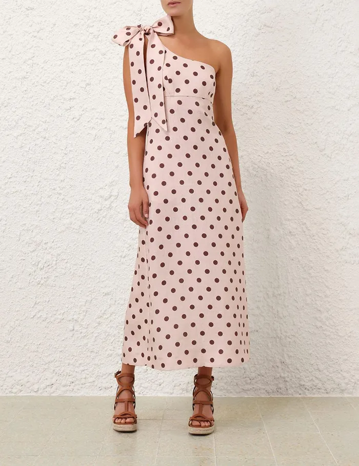 Women Clothing Zimmermann Acacia One Shoulder Midi Dress Creamtan Dot