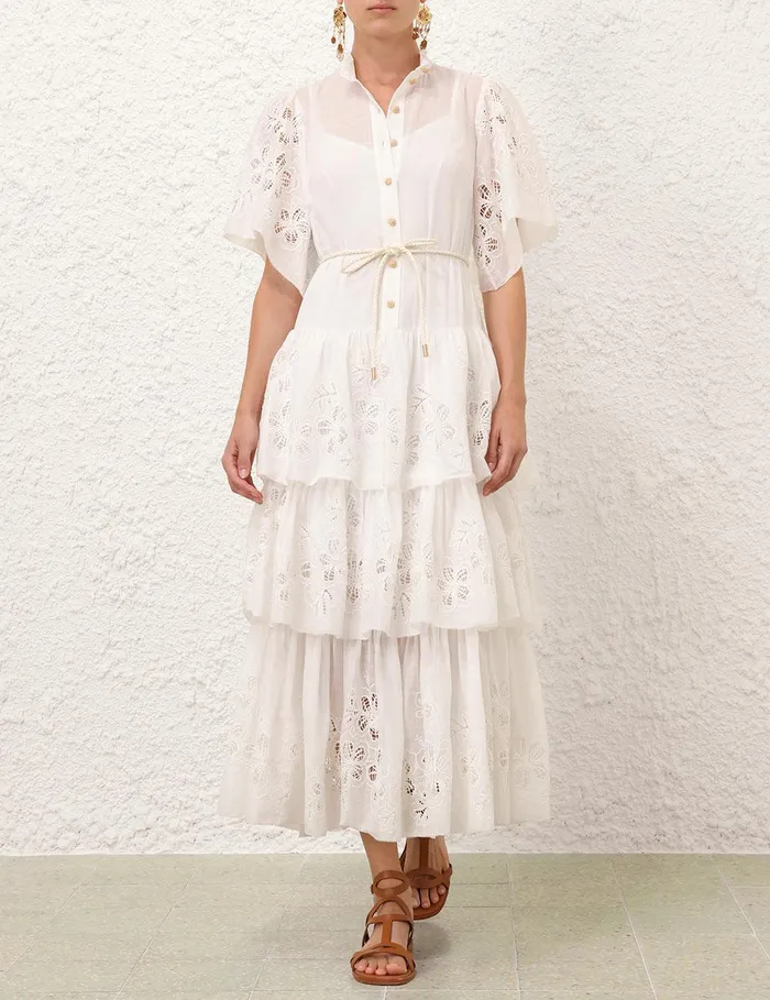 Women Clothing Zimmermann Everley Tiered Midi Dress Ivory