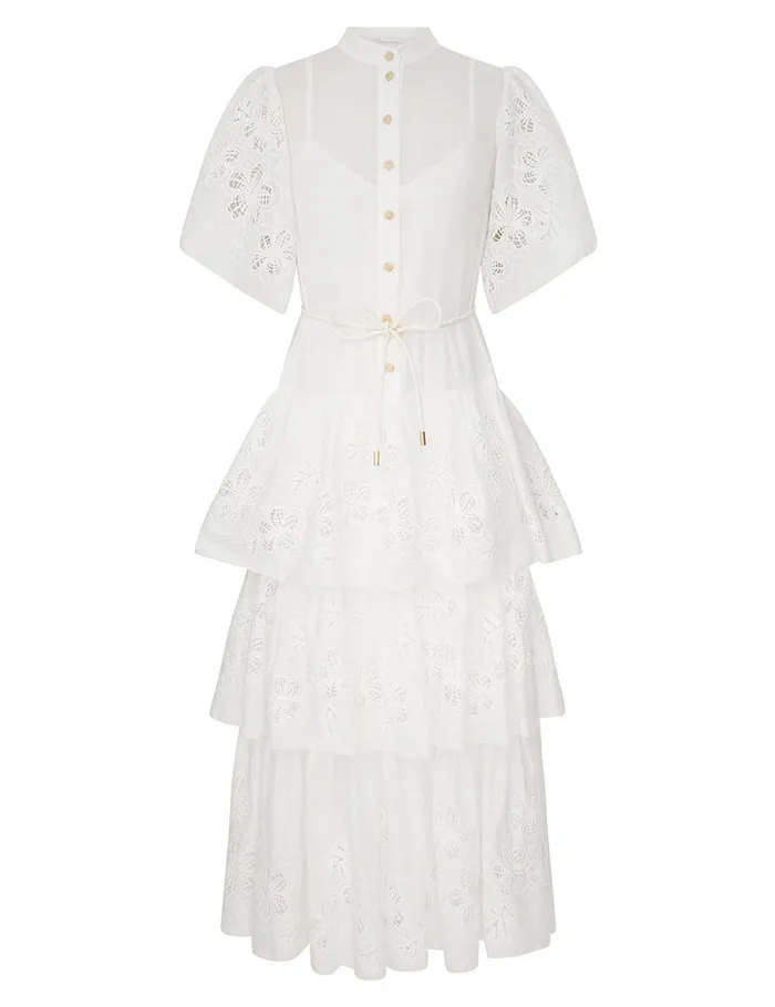 Women Clothing Zimmermann Everley Tiered Midi Dress Ivory