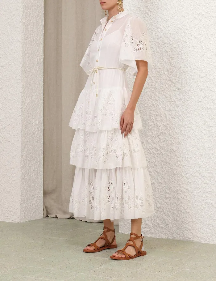 Women Clothing Zimmermann Everley Tiered Midi Dress Ivory