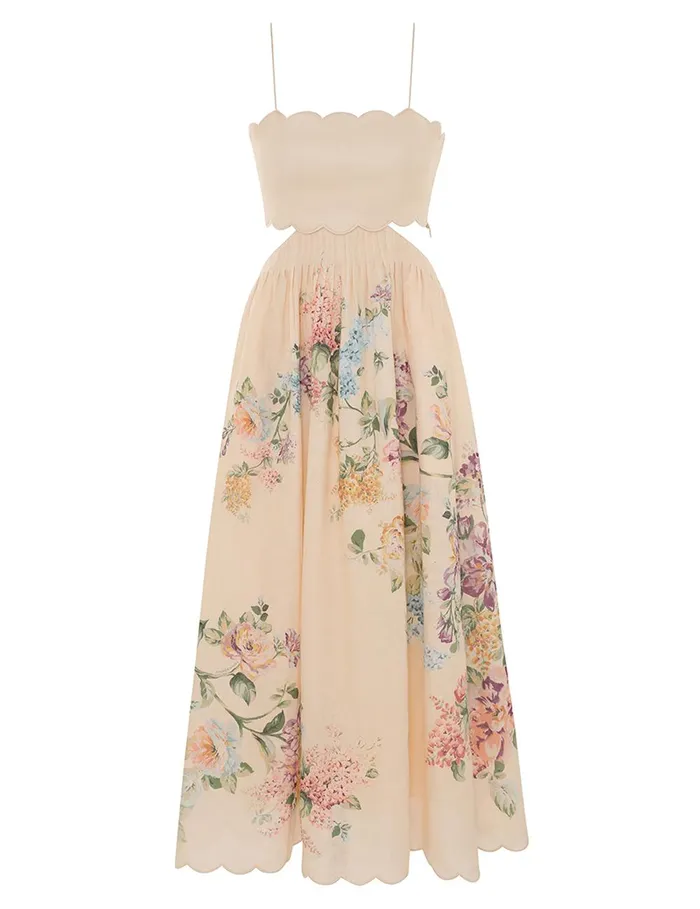 Women Clothing Zimmermann Halliday Scallop Midi Dress Cream Watercolour Floral