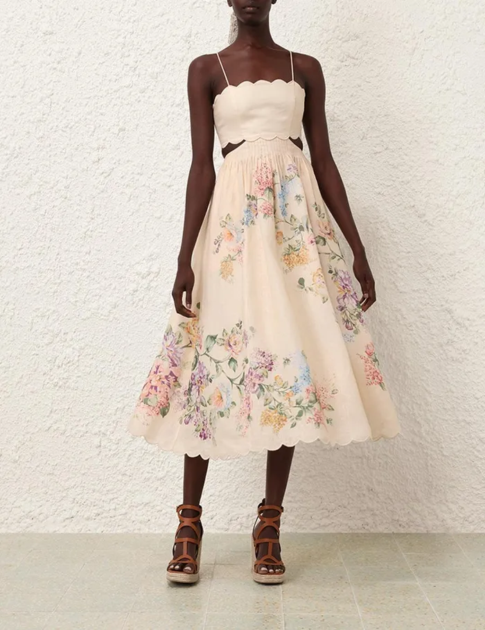 Women Clothing Zimmermann Halliday Scallop Midi Dress Cream Watercolour Floral