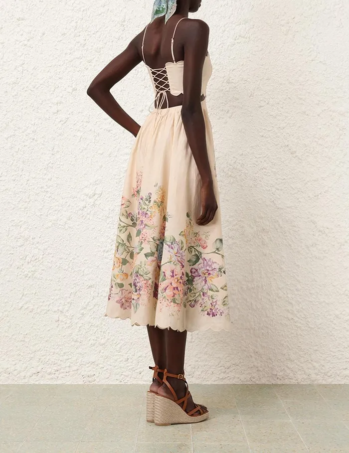 Women Clothing Zimmermann Halliday Scallop Midi Dress Cream Watercolour Floral
