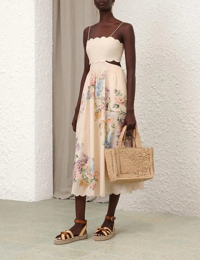 Women Clothing Zimmermann Halliday Scallop Midi Dress Cream Watercolour Floral