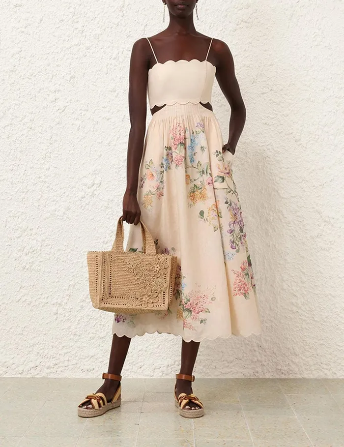 Women Clothing Zimmermann Halliday Scallop Midi Dress Cream Watercolour Floral