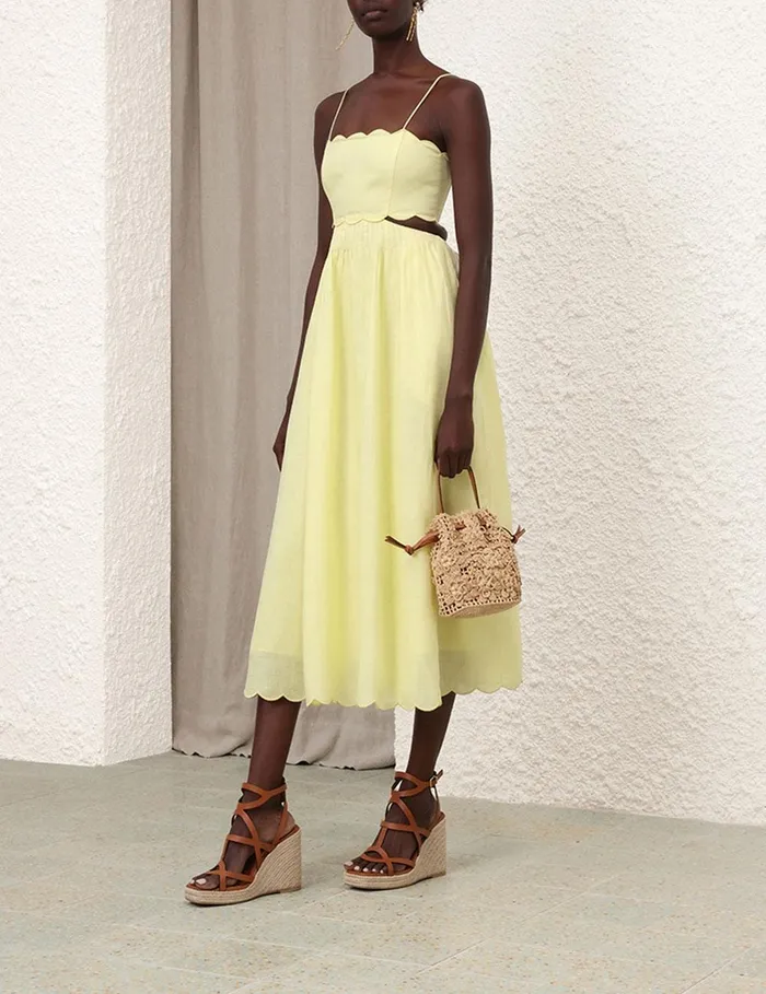 Women Clothing Zimmermann Halliday Scallop Midi Dress Yellow