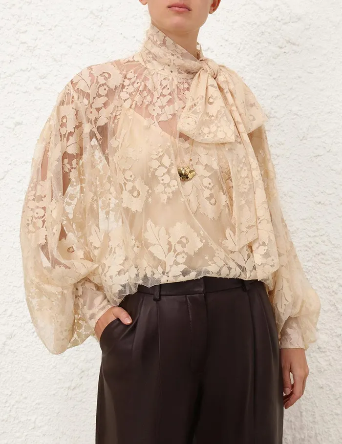 Women Clothing Zimmermann Illustration Lace Blouse Light Tea