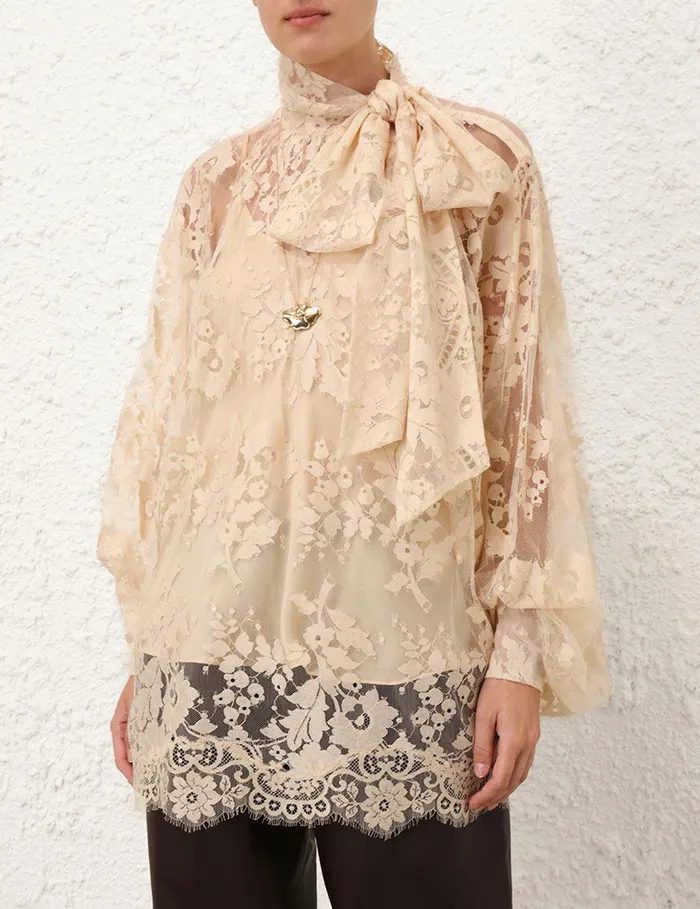 Women Clothing Zimmermann Illustration Lace Blouse Light Tea