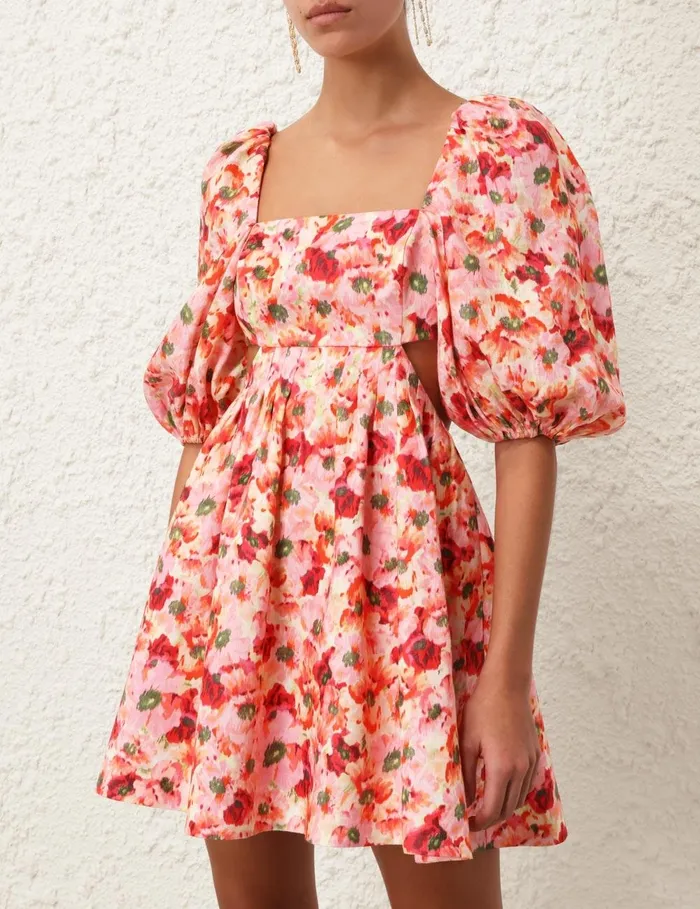 Women Clothing Zimmermann Lightburst Cut Out Mini Dress Red Floral