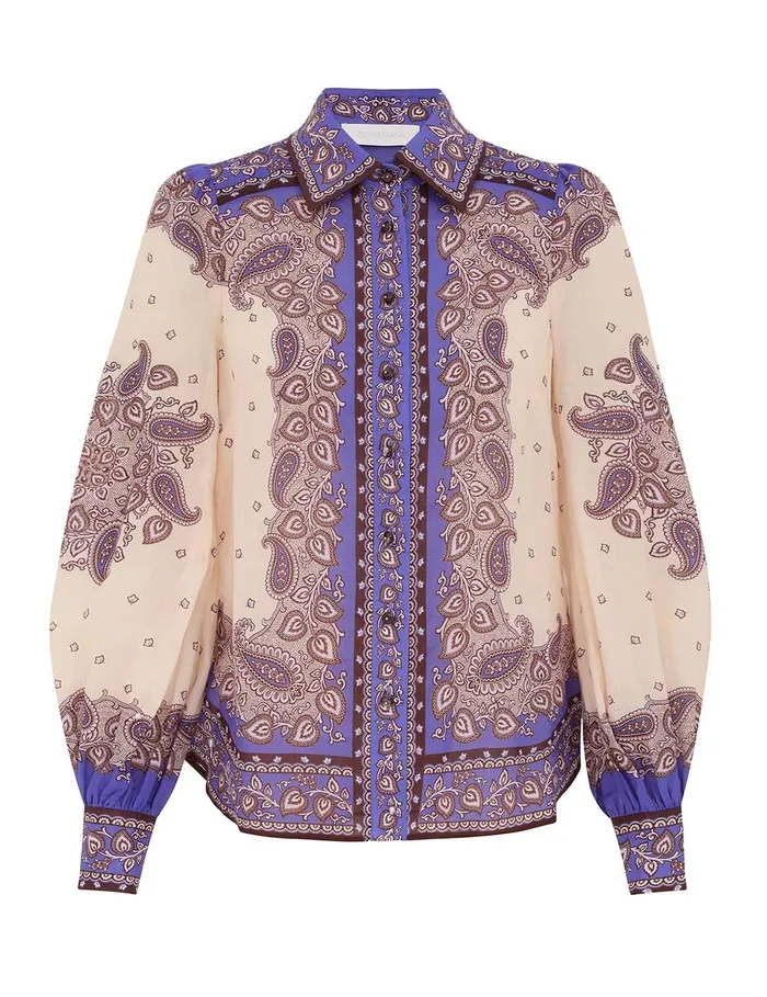 Women Clothing Zimmermann Maxine Blouson Shirt Purple Paisley