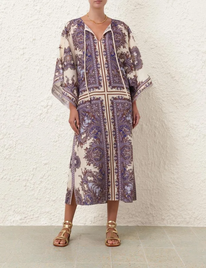 Women Clothing Zimmermann Ottie Kaftan Midi Dress Purple Paisley