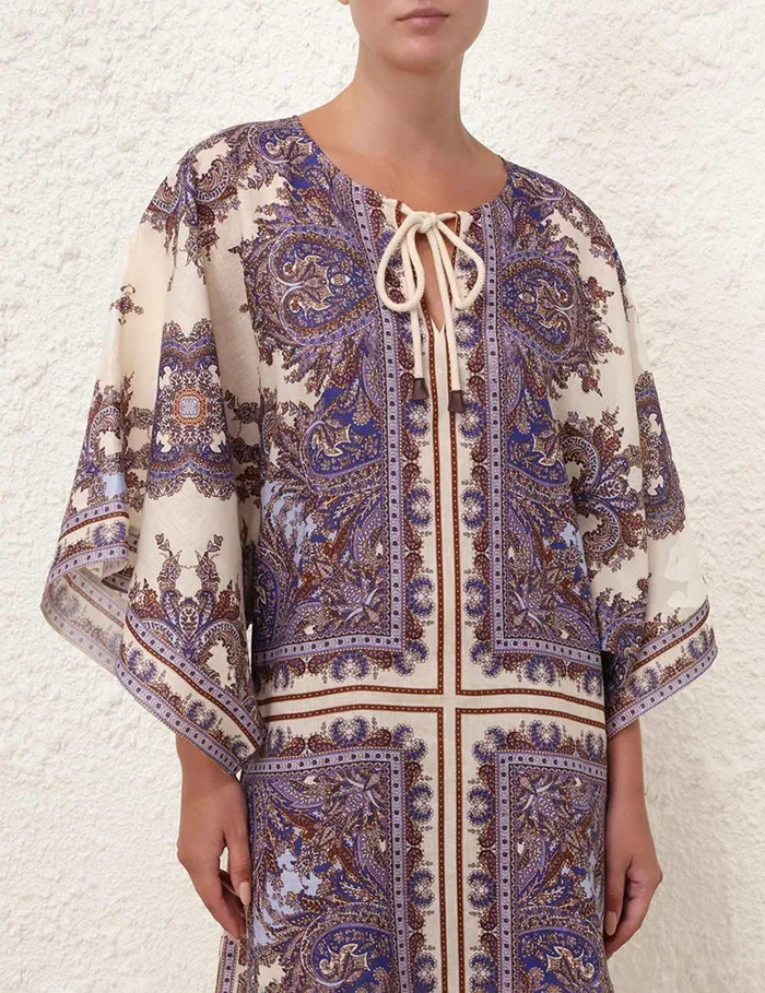 Women Clothing Zimmermann Ottie Kaftan Midi Dress Purple Paisley
