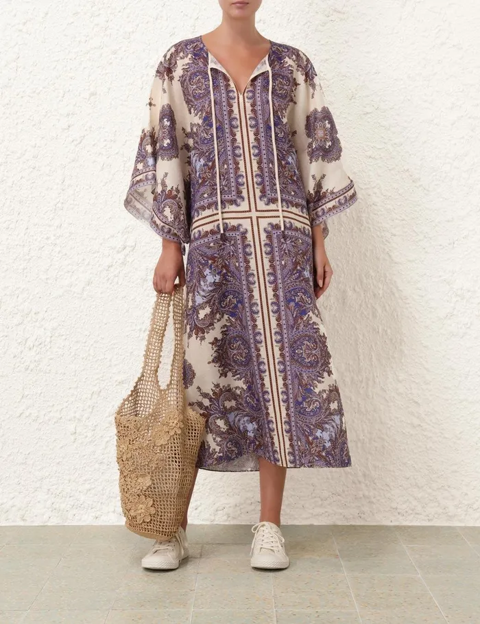 Women Clothing Zimmermann Ottie Kaftan Midi Dress Purple Paisley