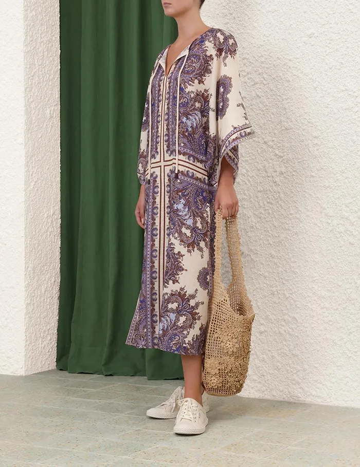 Women Clothing Zimmermann Ottie Kaftan Midi Dress Purple Paisley
