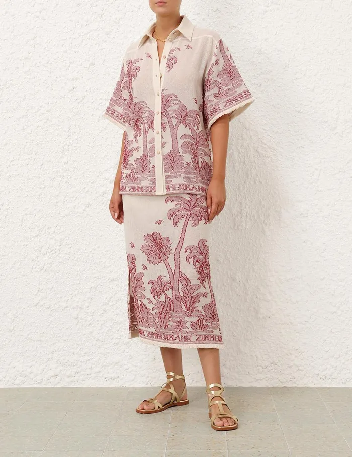 Women Clothing Zimmermann Ottie Palm Draw Waist Skirt Creamred