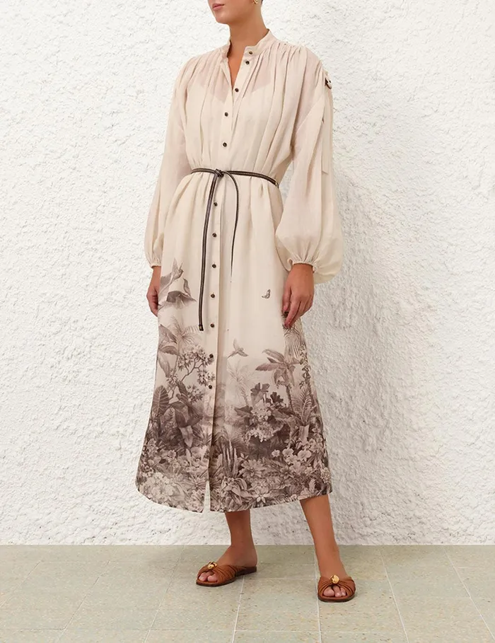 Women Clothing Zimmermann Wylie Midi Shirt Dress Sepia Palm