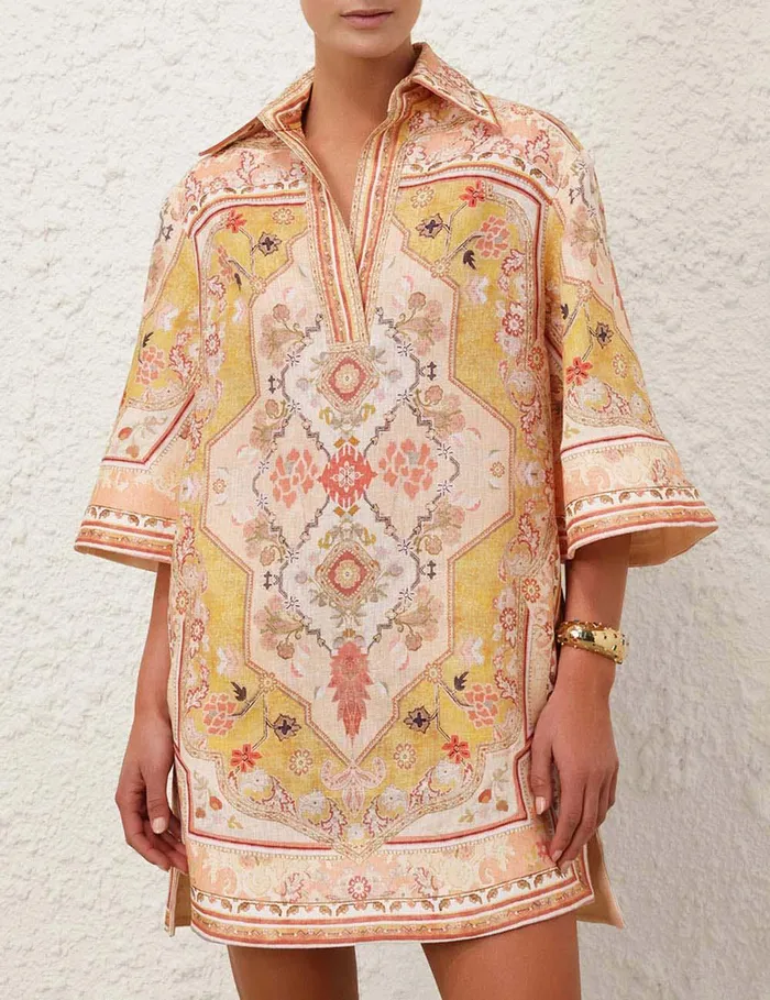 Women Clothing Zimmermann Wylie Tunic Dress Mustard Multi