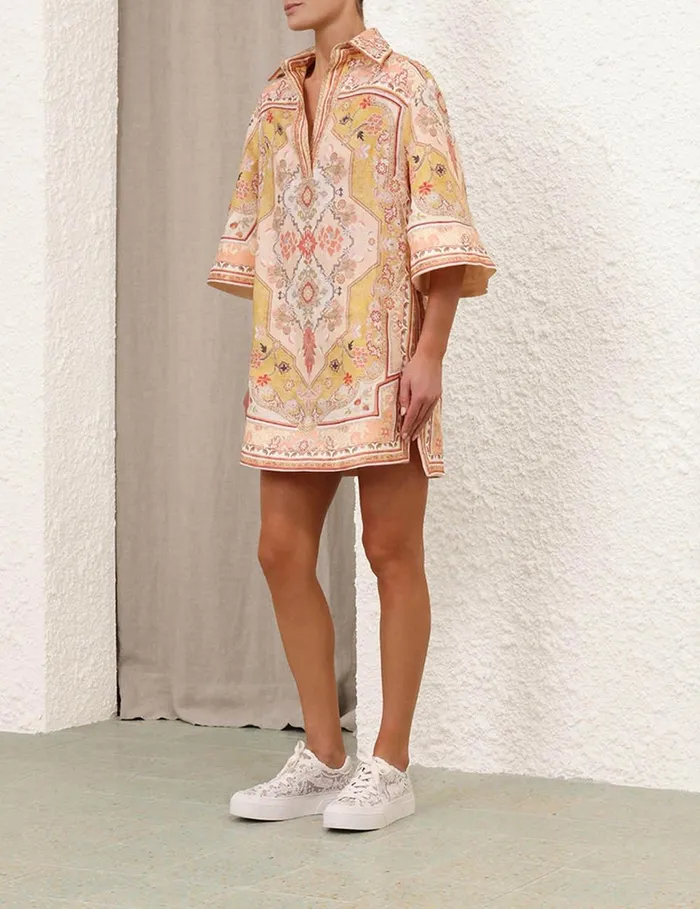 Women Clothing Zimmermann Wylie Tunic Dress Mustard Multi