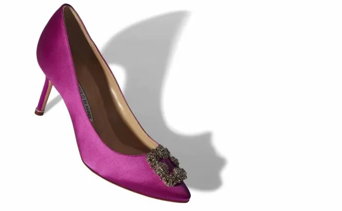 Women Dark Fuchsia Satin Jewel Buckle Pumps Manolo Blahnik Pumps
