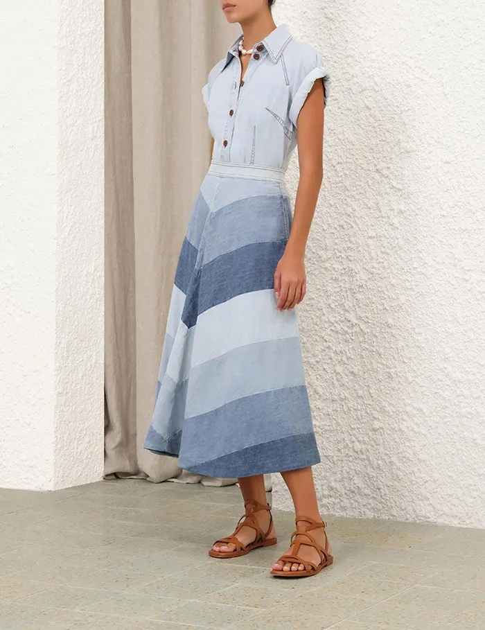 Women Dresses and Coverups Zimmermann Tallow Denim Midi Skirt Chevron