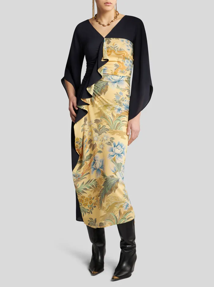 Women Etro Dresses Midi Dress With Placed Floral Print Yellow Women Etro Dresses Midi Dress With Placed Floral Print Yellow