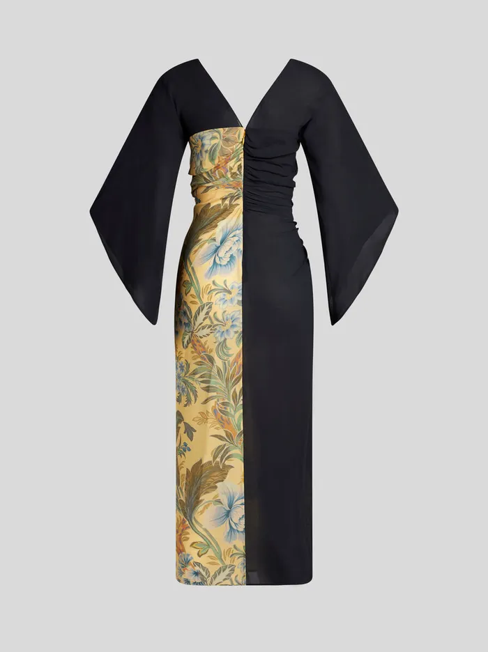 Women Etro Dresses Midi Dress With Placed Floral Print Yellow Women Etro Dresses Midi Dress With Placed Floral Print Yellow