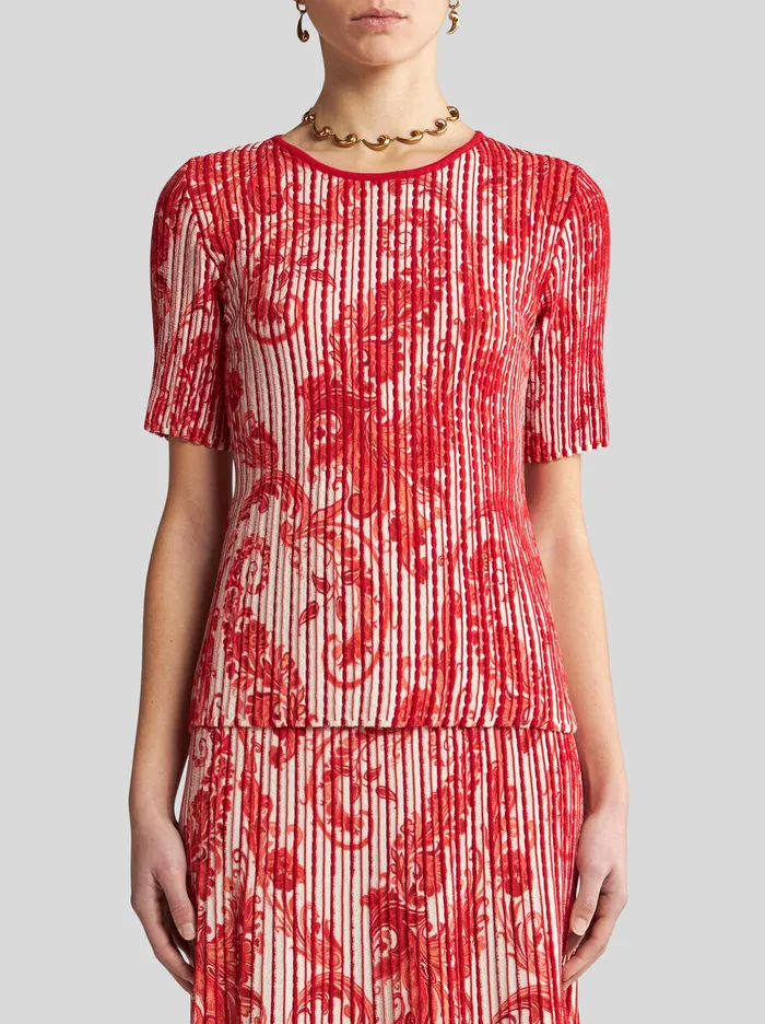 Women Etro Knitwear Printed Knit TShirt Red Women Etro Knitwear Printed Knit TShirt Red