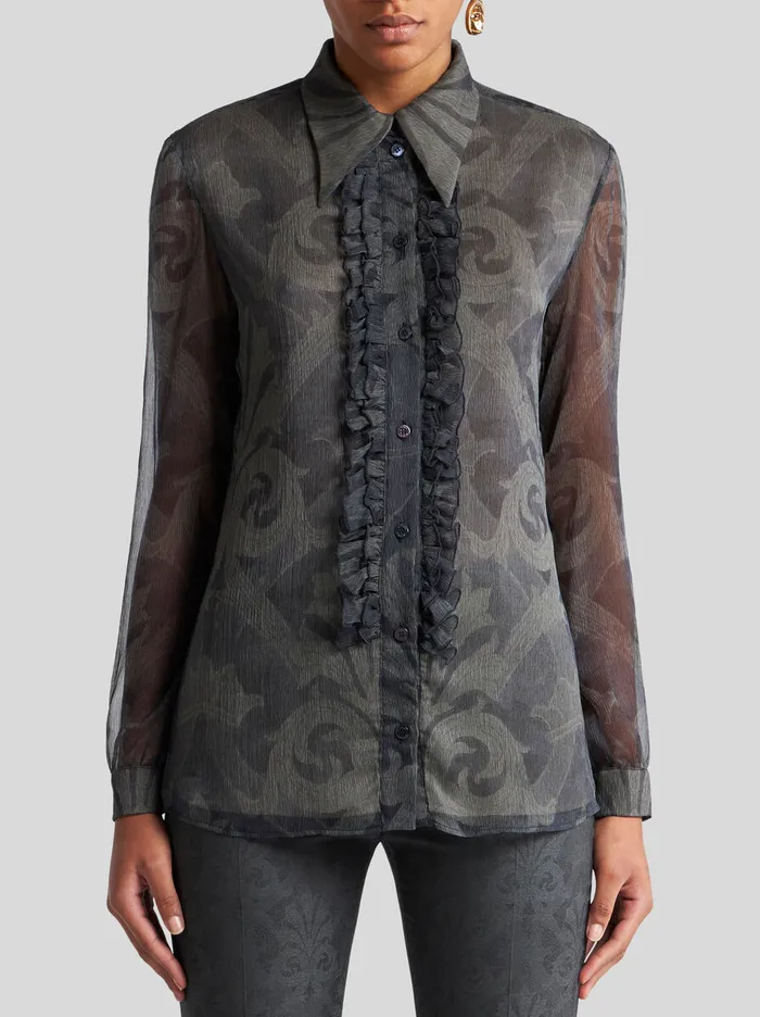 Women Etro Shirts And Blouses Printed Silk Shirt With Ruching Grey Women Etro Shirts And Blouses Printed Silk Shirt With Ruching Grey