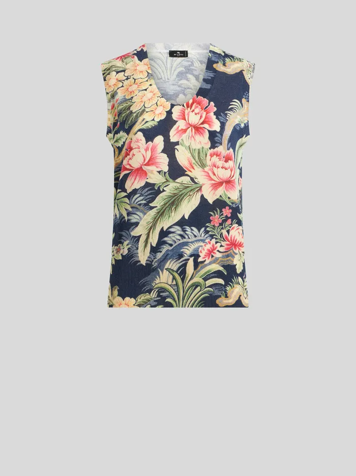 Women Etro Tops Printed Knit Vest Top Navy Blue