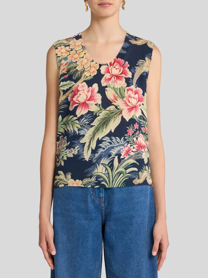Women Etro Tops Printed Knit Vest Top Navy Blue Women Etro Tops Printed Knit Vest Top Navy Blue