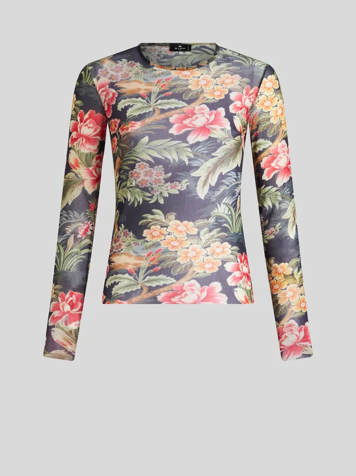 Women Etro Tops Tulle Top With Print Navy Blue