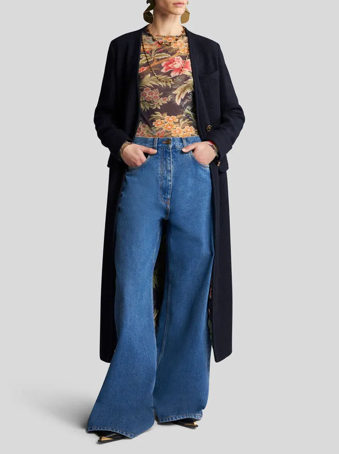 Women Etro Tops Tulle Top With Print Navy Blue