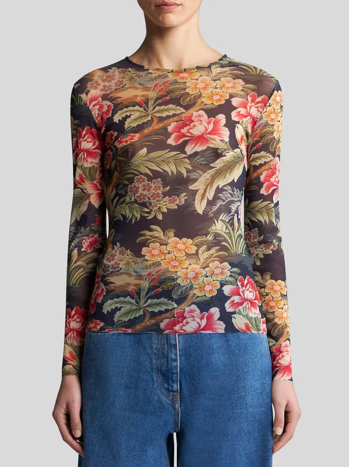 Women Etro Tops Tulle Top With Print Navy Blue