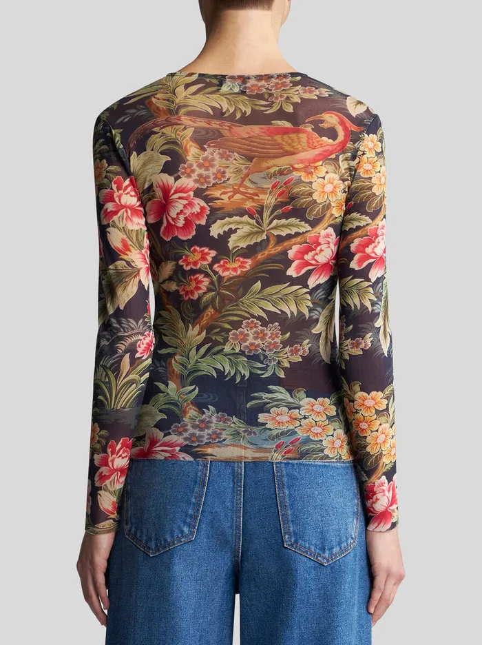 Women Etro Tops Tulle Top With Print Navy Blue