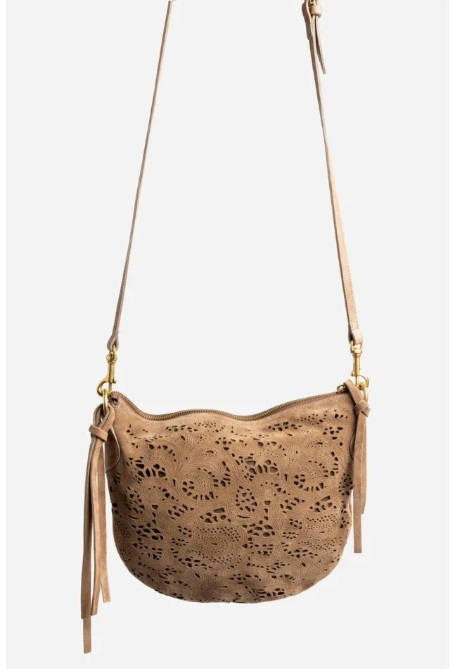 Women Fiore Italian Suede Saddle Bag Walnut Johnny Was Handbags