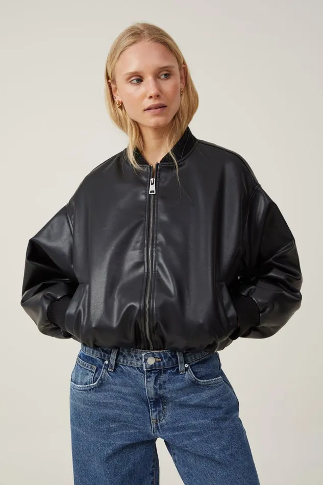 Women Jackets Cotton On Aries Faux Leather Bomber Jacket Black