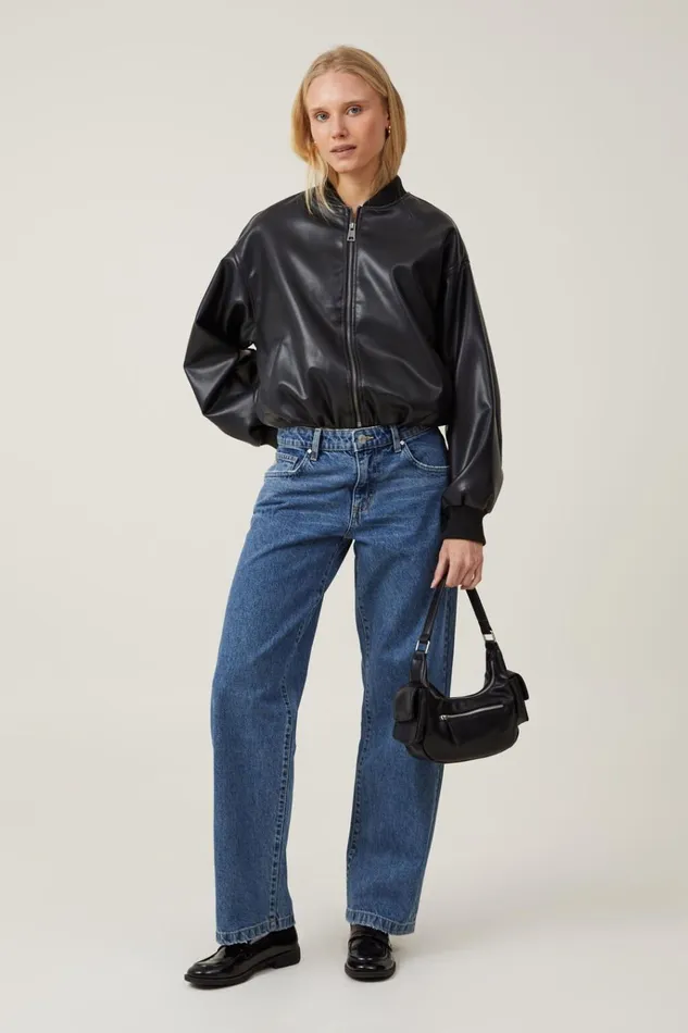 Women Jackets Cotton On Aries Faux Leather Bomber Jacket Black