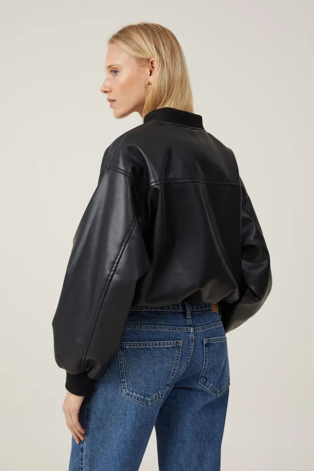 Women Jackets Cotton On Aries Faux Leather Bomber Jacket Black