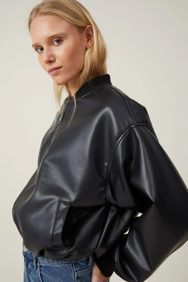 Women Jackets Cotton On Aries Faux Leather Bomber Jacket Black